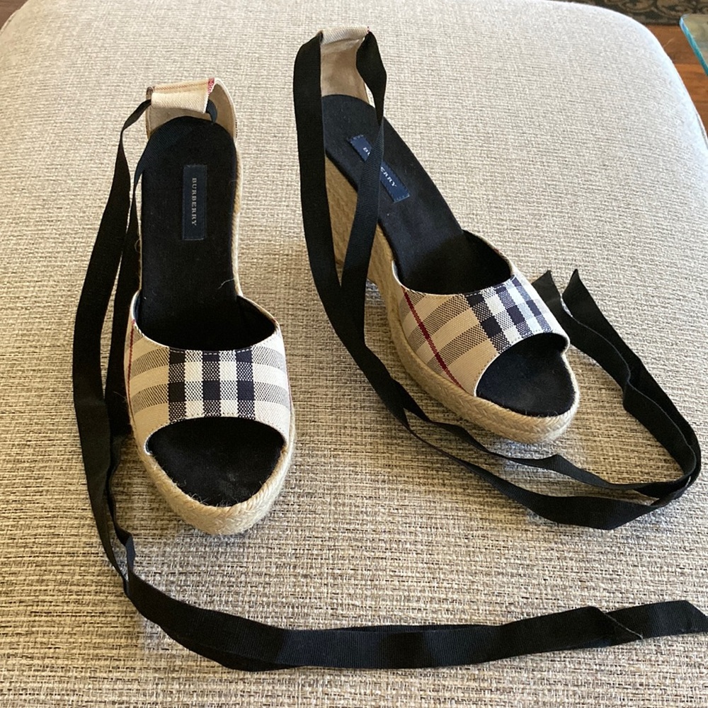 Burberry Espadrilles with Black Ribbon Ankle Ties.  Never worn.